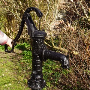 Schwarze TRUTZHOLM Schwengelpumpe aus Gusseisen mit Pumpenständer im Garten.