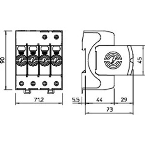 Maßzeichnung OBO Bettermann Überspannungsableiter V20 3-Polig+NPE. Modulares Elektroinstallationsmaterial mit Abmessungen.