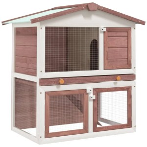 Brauner vidaXL Kaninchenstall aus Holz mit 3 Türen und 2 Ebenen für den Außenbereich.