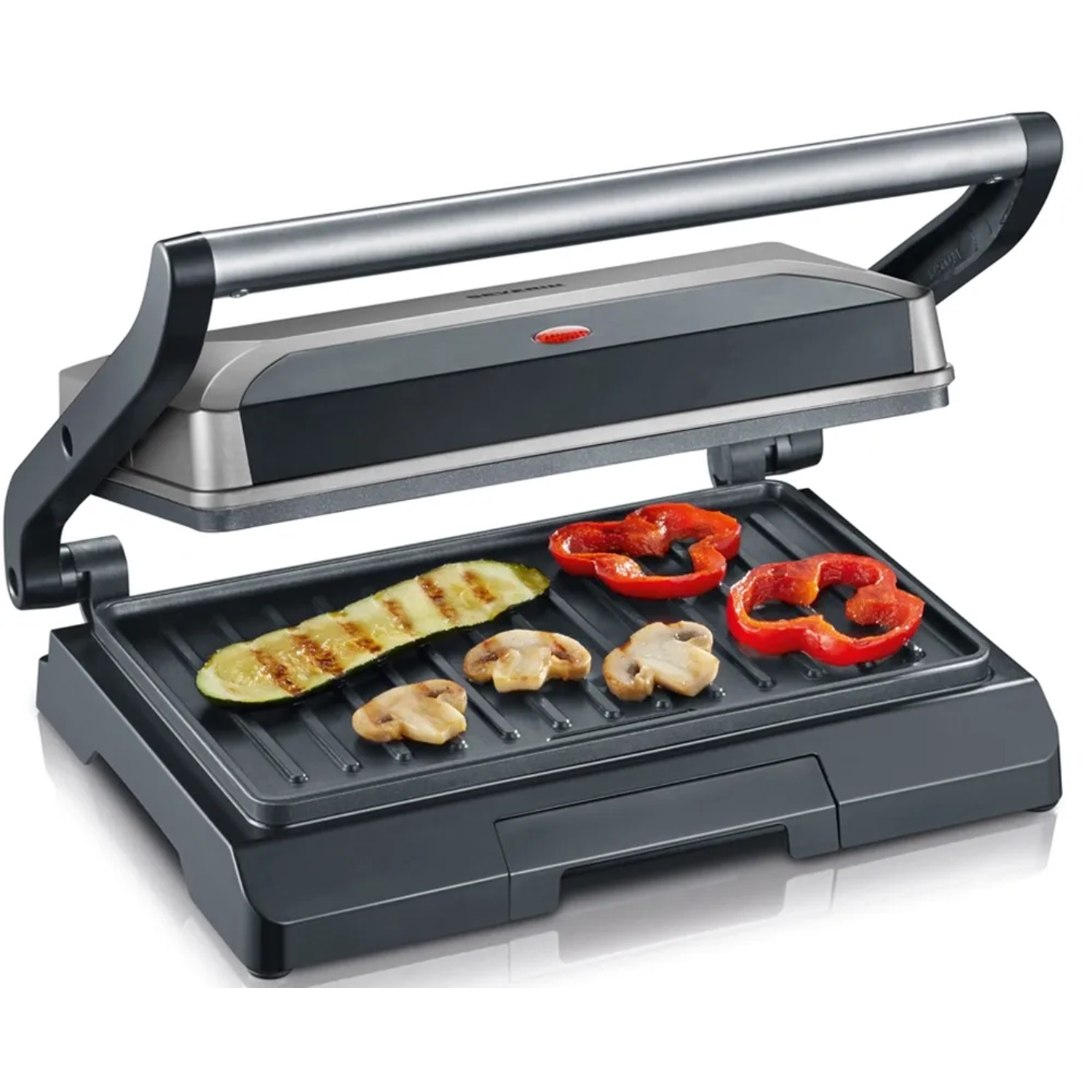Severin Kompakt-Multigrill KG 2394 mit Gemüse auf Grillfläche. Elektrogrill im Slim-Design.