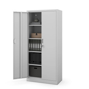 Grauer Jan Nowak Aktenschrank JAN Compact, 175x80x40 cm, mit Zylinderschloss und 4 Einlegeböden, Tür offen.
