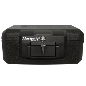Schwarze, feuerbeständige Master Lock Sicherheitskassette L1200 (5 l) mit Schlüssel.