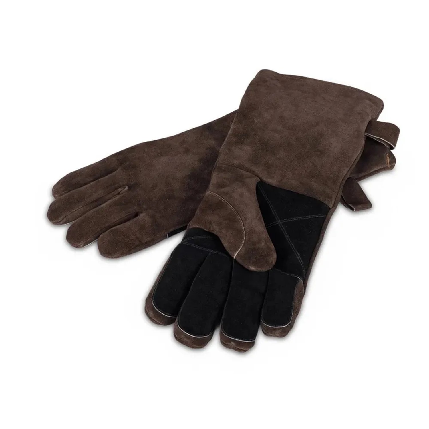 Petromax Grillhandschuhe XL aus braunem Veloursleder mit schwarzer Handfläche. Grillutensil für sicheren Halt.