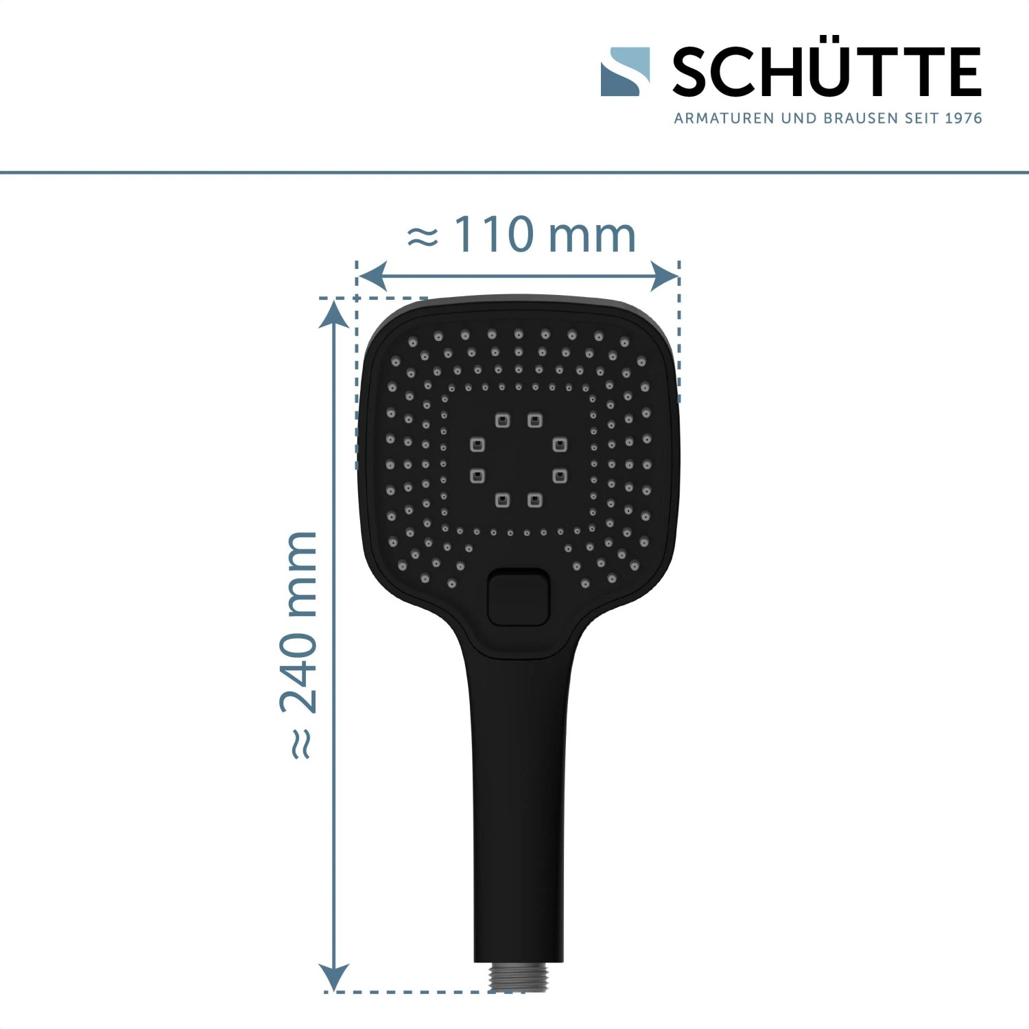 Schütte Handbrause Ravenna, schwarz matt, mit Maßangaben (110x240mm).
