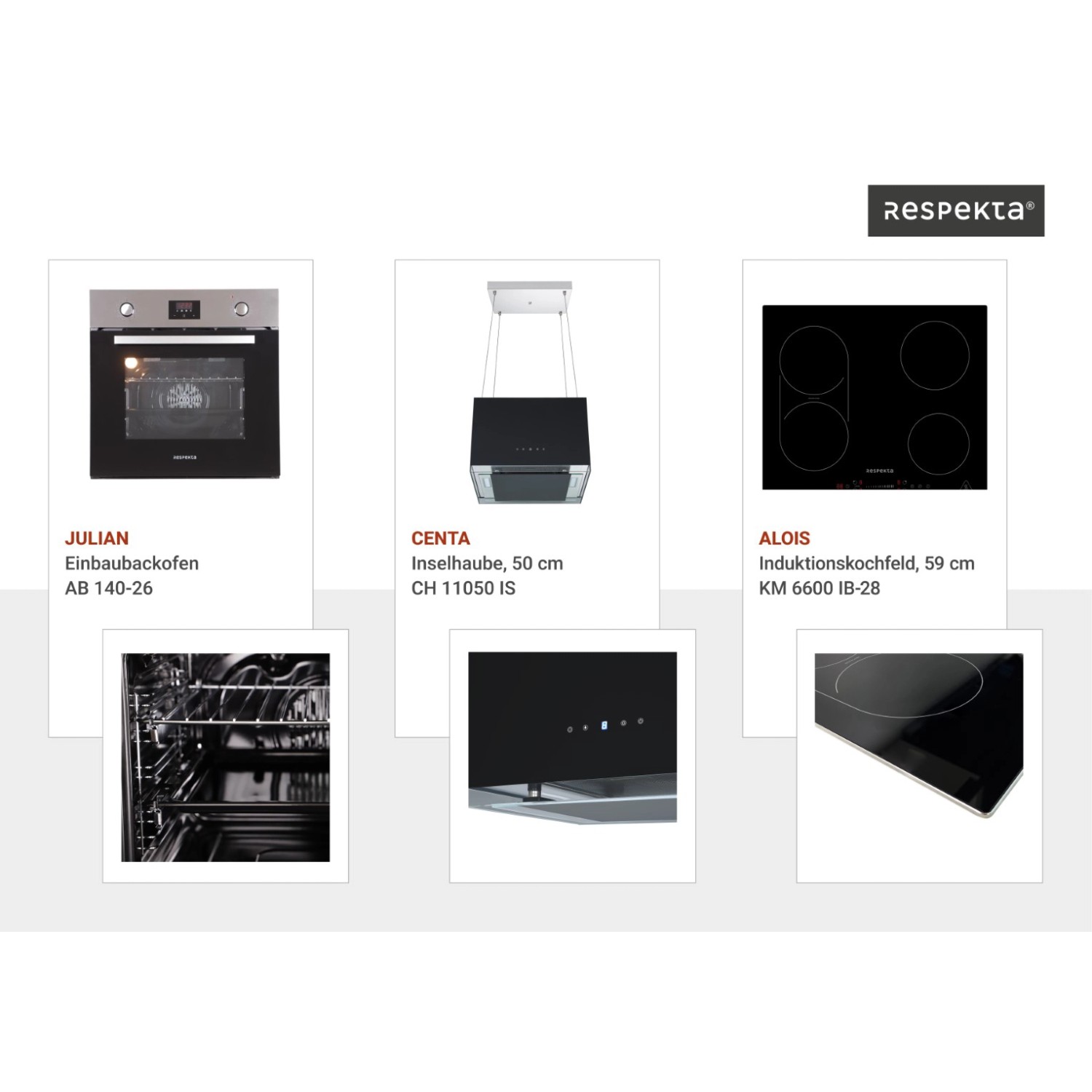 Respekta Inselküche Gabriel 290 cm Grau Hochglanz mit E-Geräten: Backofen, Kochfeld, Inselhaube, Geschirrspüler, Kühlschrank.