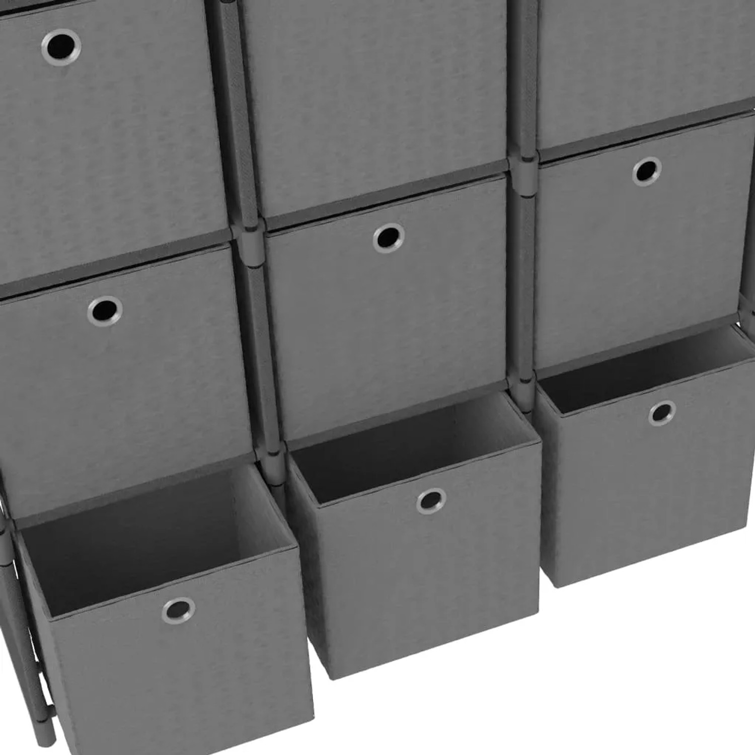 Graues Würfelregal mit 12 Stoffboxen, ideal zur Aufbewahrung und als Wandregal.