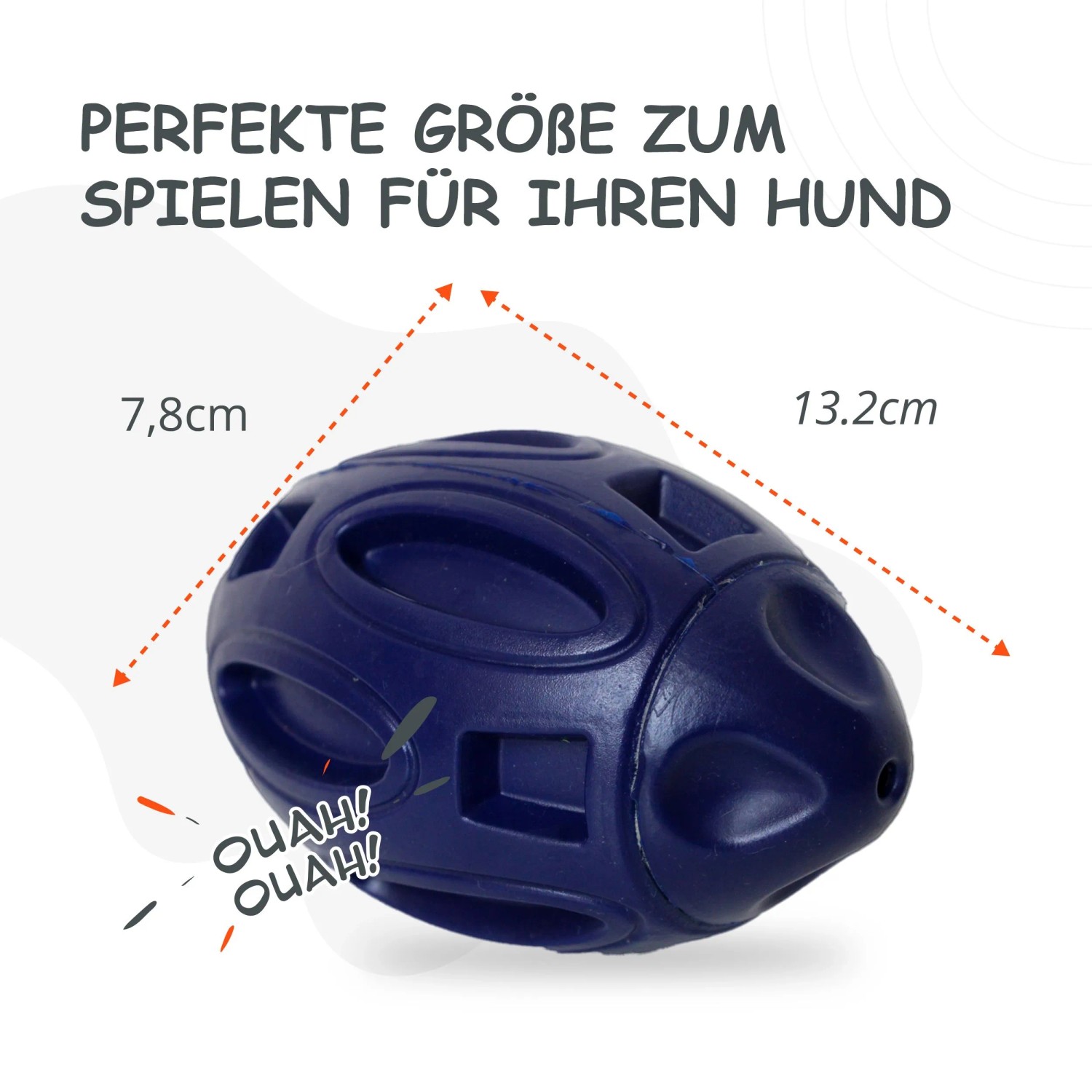 Blauer Petsation Kauspielzeug Ball für Hunde, robust und interaktiv, mit Maßen.