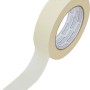 Beiges Flachkrepp Klebeband, eine Rolle mit abgerolltem Stück. Ideal für präzise Abklebearbeiten und Malerarbeiten.