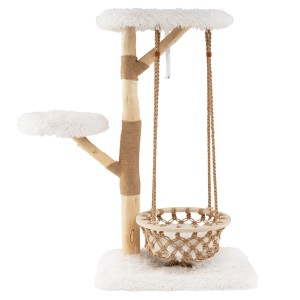 Costway Kratzbaum Holz mit Hängekorb Seil Echten Holzästen 123 cm Weiß