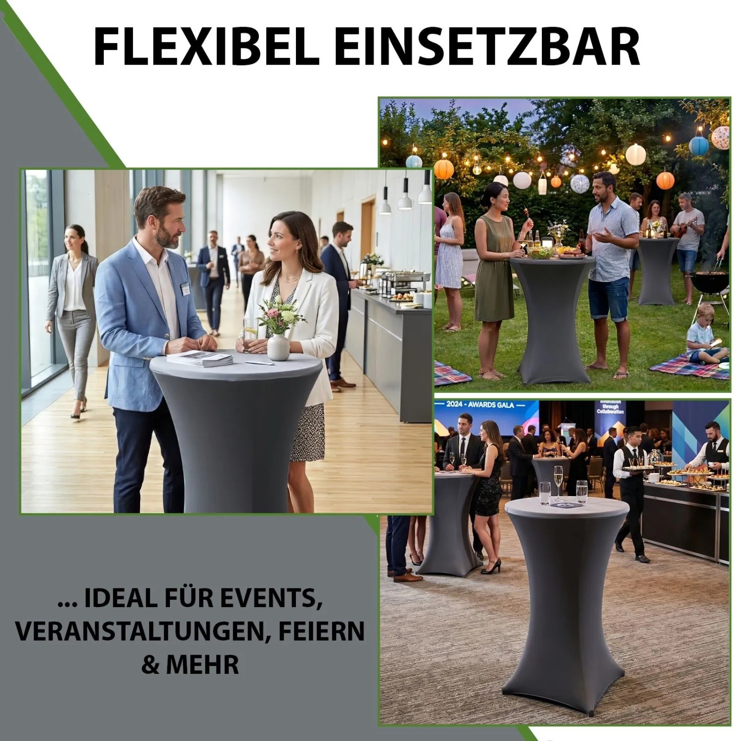 Anthrazitfarbene Stehtischhussen in verschiedenen Anwendungsszenarien: Business-Empfang, Gartenparty, Gala. Ideal für Events.