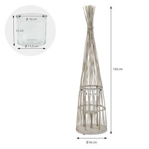 Bambus Laterne (H 132cm) im Boho Stil mit Kerzenglas und Maßangaben.