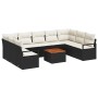 Schwarzes 10-teiliges Garten-Sofa-Set aus Poly Rattan mit Kissen und Tisch.