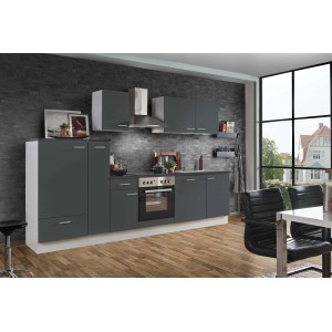 Moderne Menke Küchenzeile White Classic 300 cm in Graphit-Weiß mit Elektrogeräten.