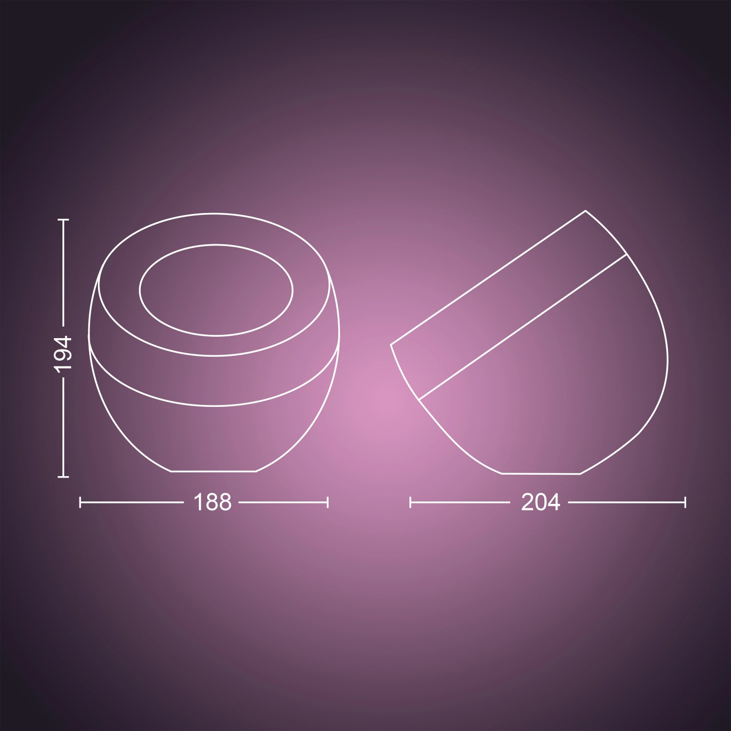 Skizze der Philips Hue Iris Tischleuchte in Weiß mit Maßangaben.