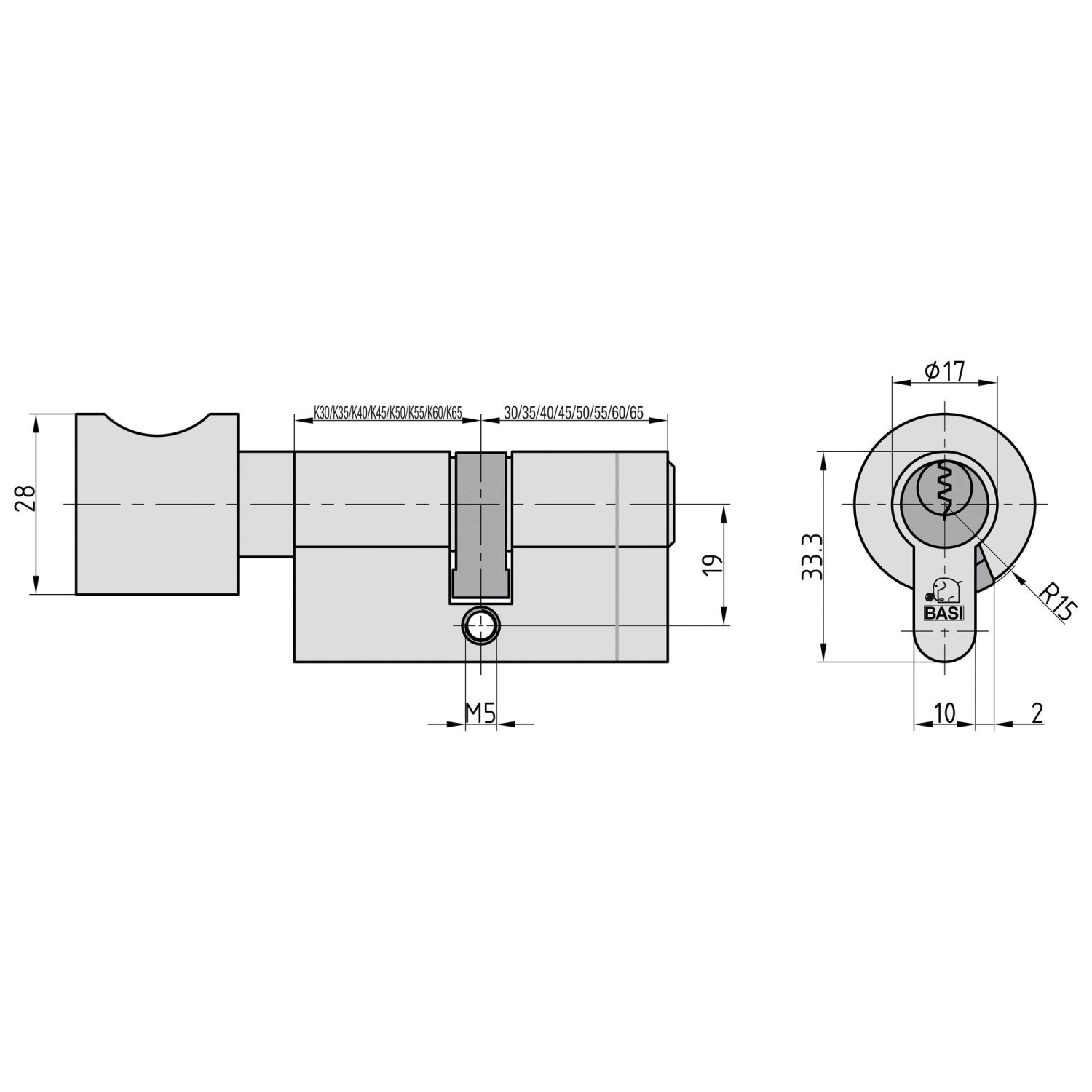 Technische Zeichnung Basi Profil-Knaufzylinder K55/45 mm mit Maßen für Montage und Produktdetails.