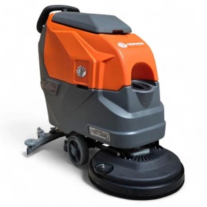 Orange-graue DeTec. Scheuersaugmaschine DAEWOO für Hartböden. Akku-Putzmaschine mit Bürste und Sauglippe.