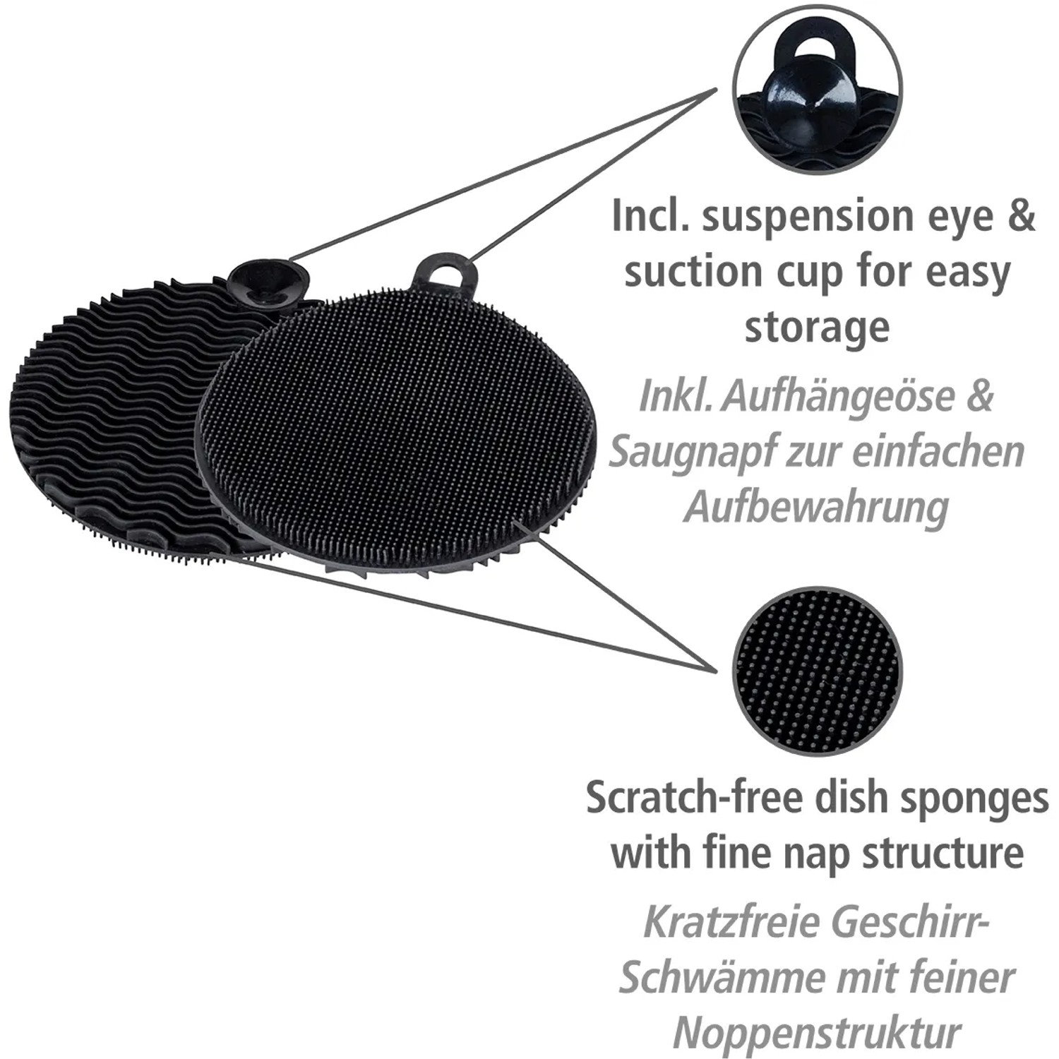 Wenko Silikon Spülschwämme Soft, 2er-Set, Schwarz. Kratzfrei für Grillutensilien & Outdoor-Küche.