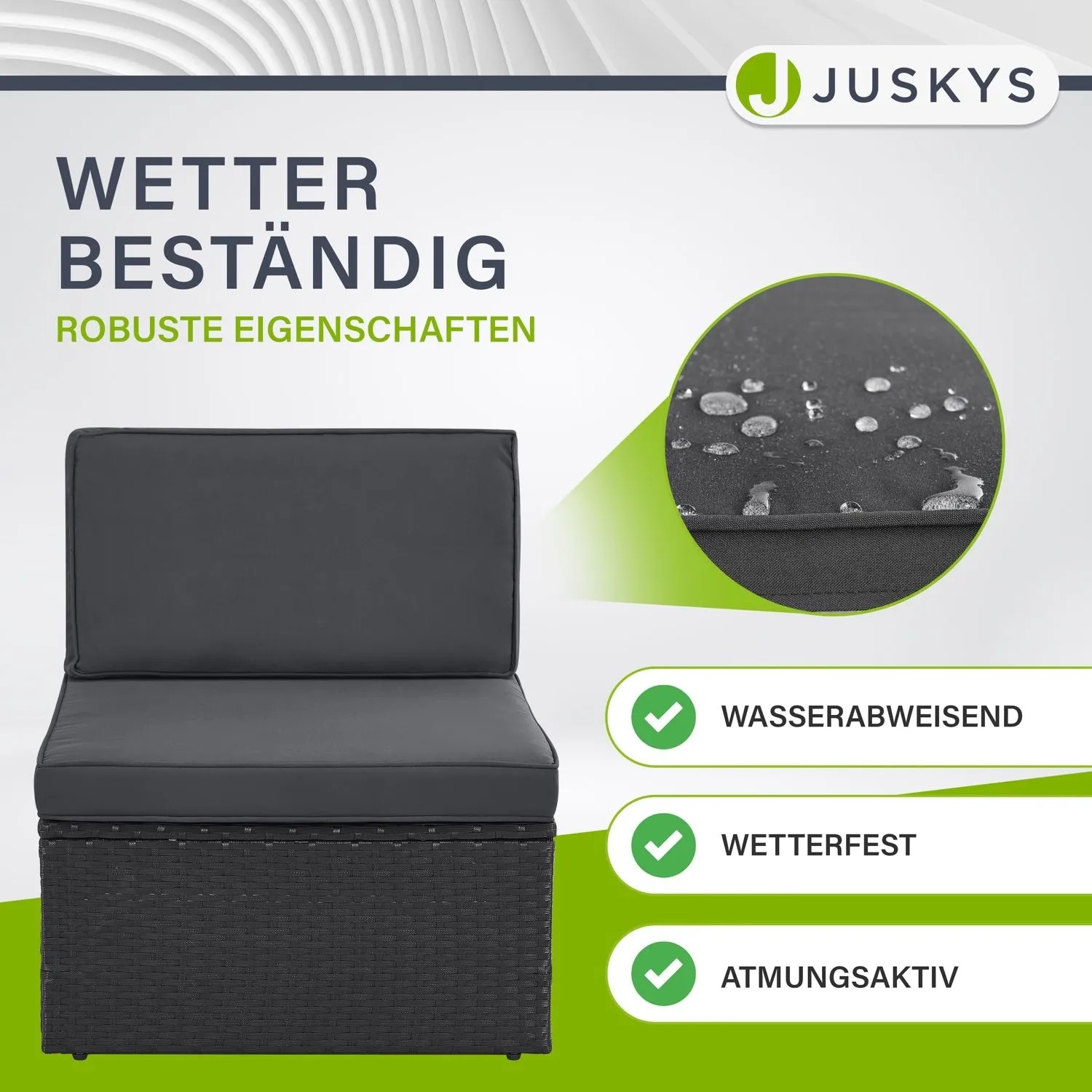 Detailaufnahme: Wetterfeste Juskys Polyrattan Lounge Salou, schwarz-grau, mit wasserabweisenden Polstern.