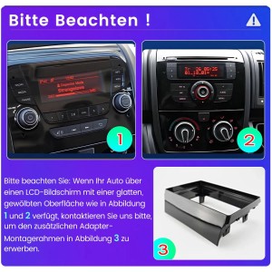 Adapterrahmen für Junsun Autoradio. Zeigt zwei Auto-Dashboards mit gewölbten Bildschirmen und den benötigten schwarzen Einbaurahmen.