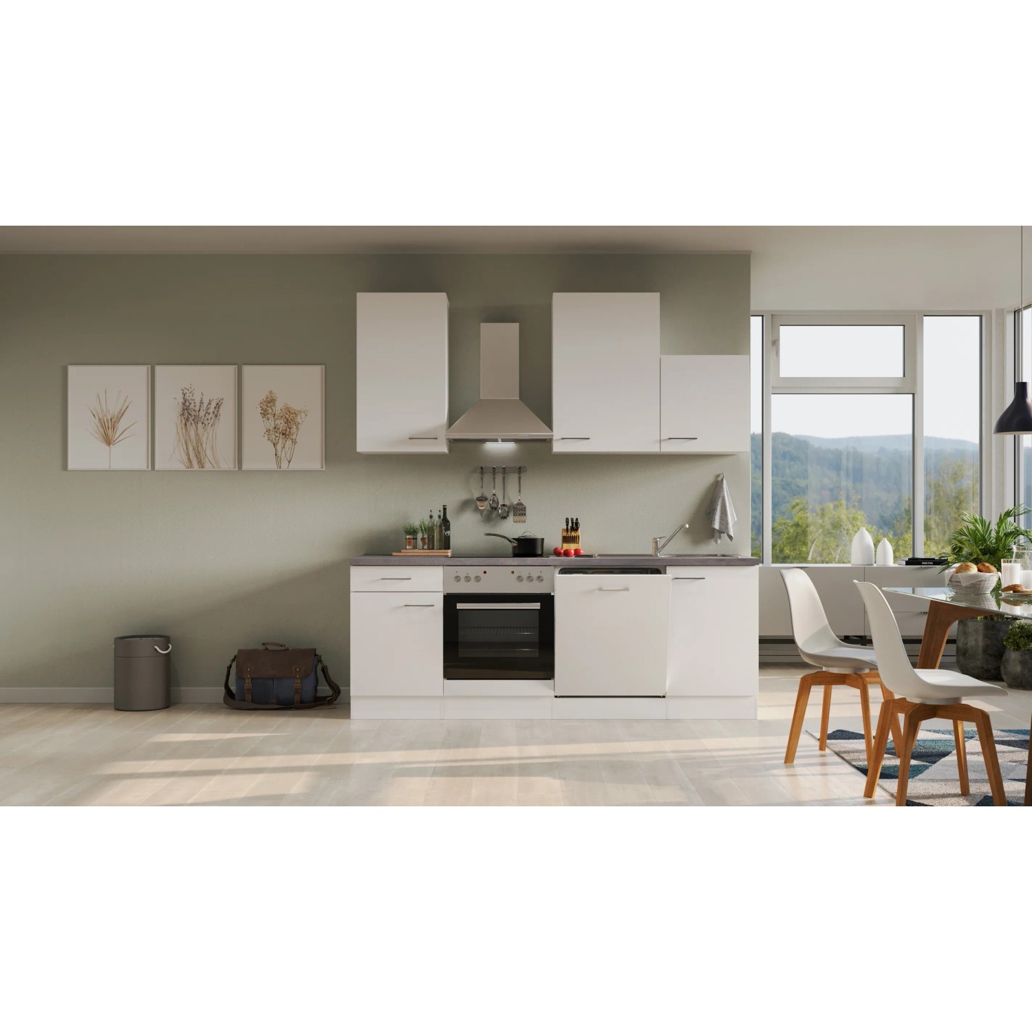 Flex-Well Küchenzeile Joelina, 220 cm, Weiß matt/Beton Grau, mit E-Geräten und Spüle.