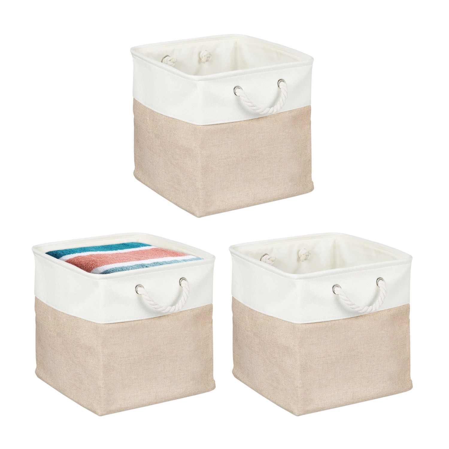 Relaxdays Aufbewahrungskorb Leinen Beige 3er Set 33 cm x 33 cm x 33 cm