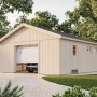 Holzgarage Andre von Palmako mit Sektionaltor, Tür und Fenstern im Garten.