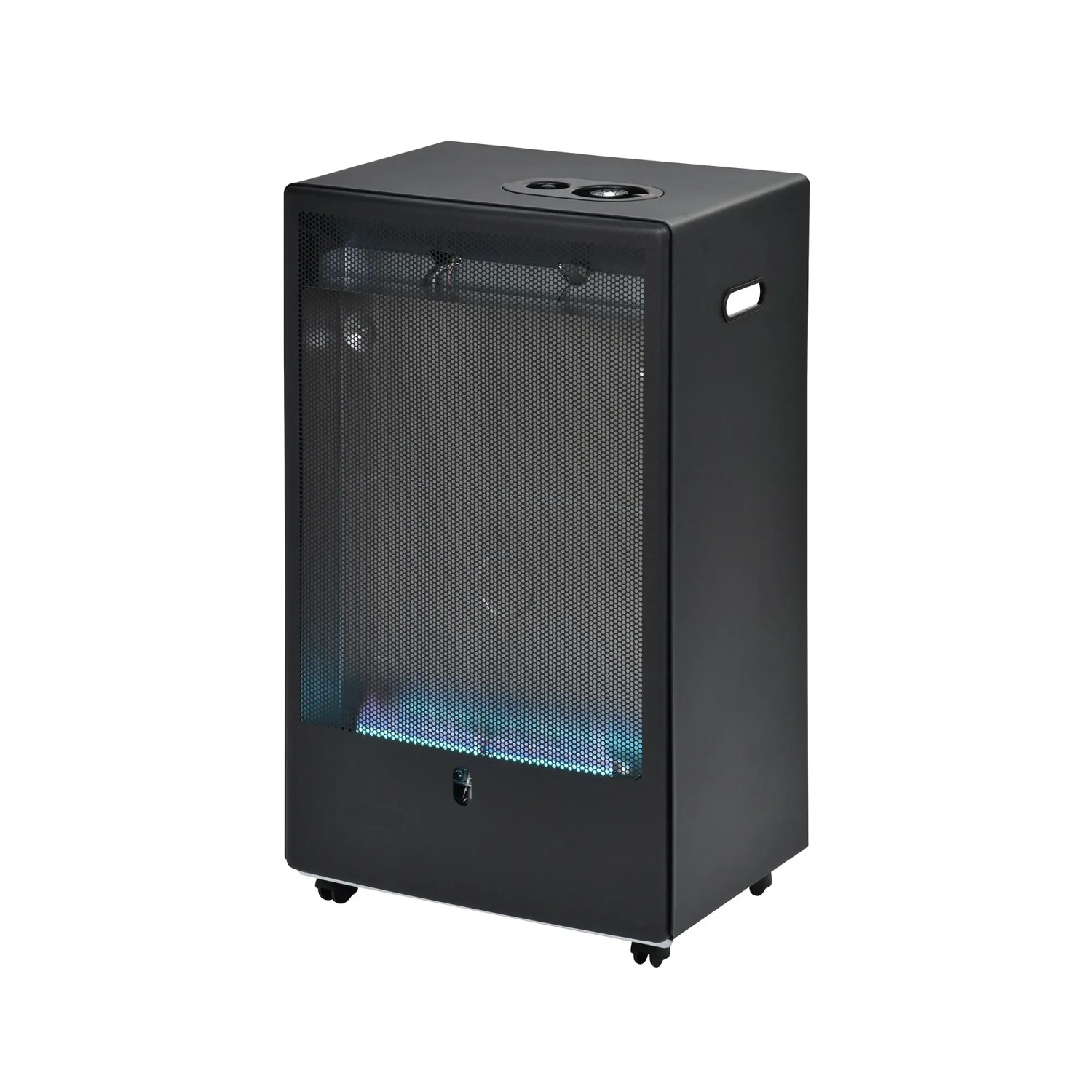 Schwarzer Firefix Gas-Heizofen 4200 Eco+ mit Rollen und Gitter für Innen- und Außenbereich.
