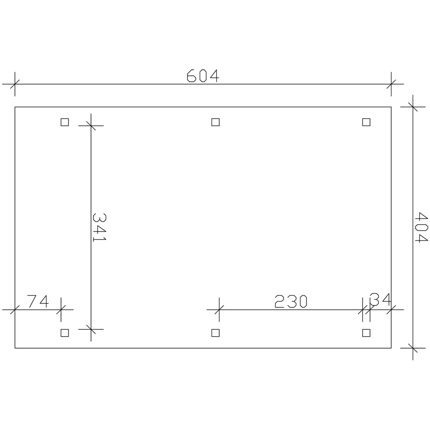 Technische Zeichnung des Skan Holz Einzelcarports, Maße: 404 x 604 cm.