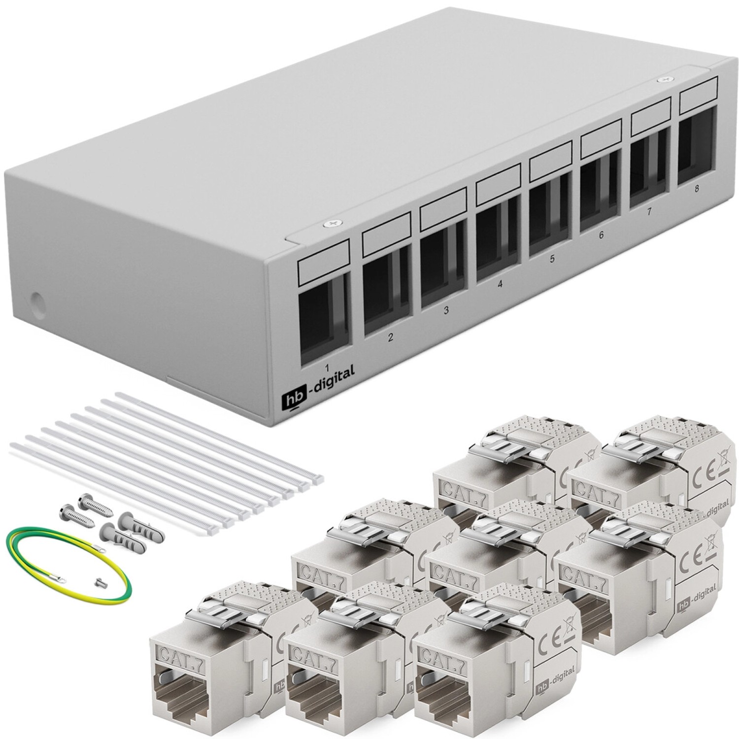 hb-digital Patch Panel 8 Port mit 8x Keystone Module Cat 7 Hellgrau