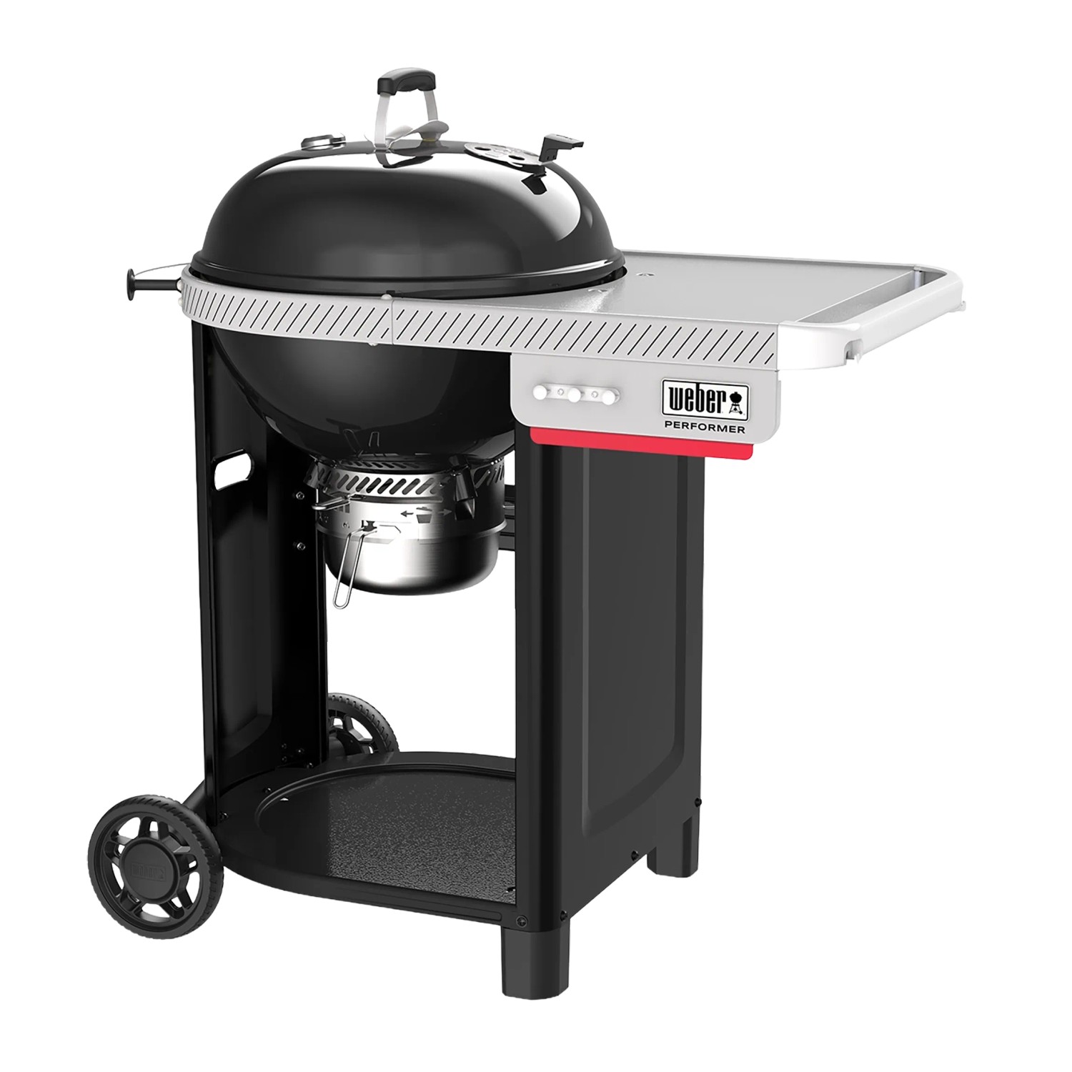Schwarzer Weber Holzkohlegrill Performer 57 cm mit Seitentisch und Rollwagen.
