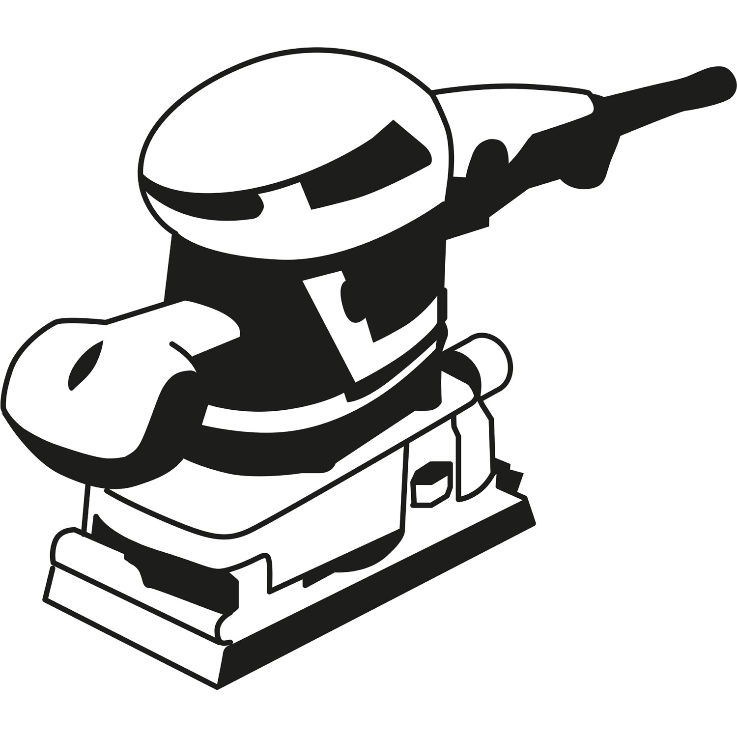 Schwarz-weiße Illustration eines Schwingschleifers. Zubehör für Schleifarbeiten.