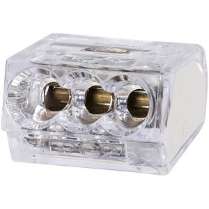 Steckklemme, 3-polig, für Leiter von 0,5-2,5 mm², transparent, zur Verbindung von Elektrokabeln.