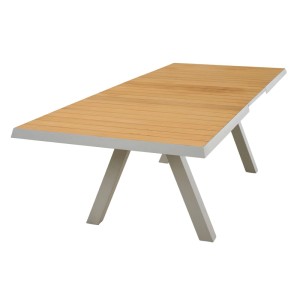 Ausziehbarer Siena Garden Gartentisch, HPL Seidengrau, 100x200 cm, mit Teakholz-Optik.