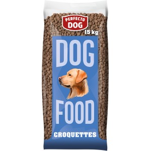 Packung Perfecto Dog Trockenfutter Croquettes, 15kg, mit Hundeabbildung. Alleinfutter für aktive Hunde.