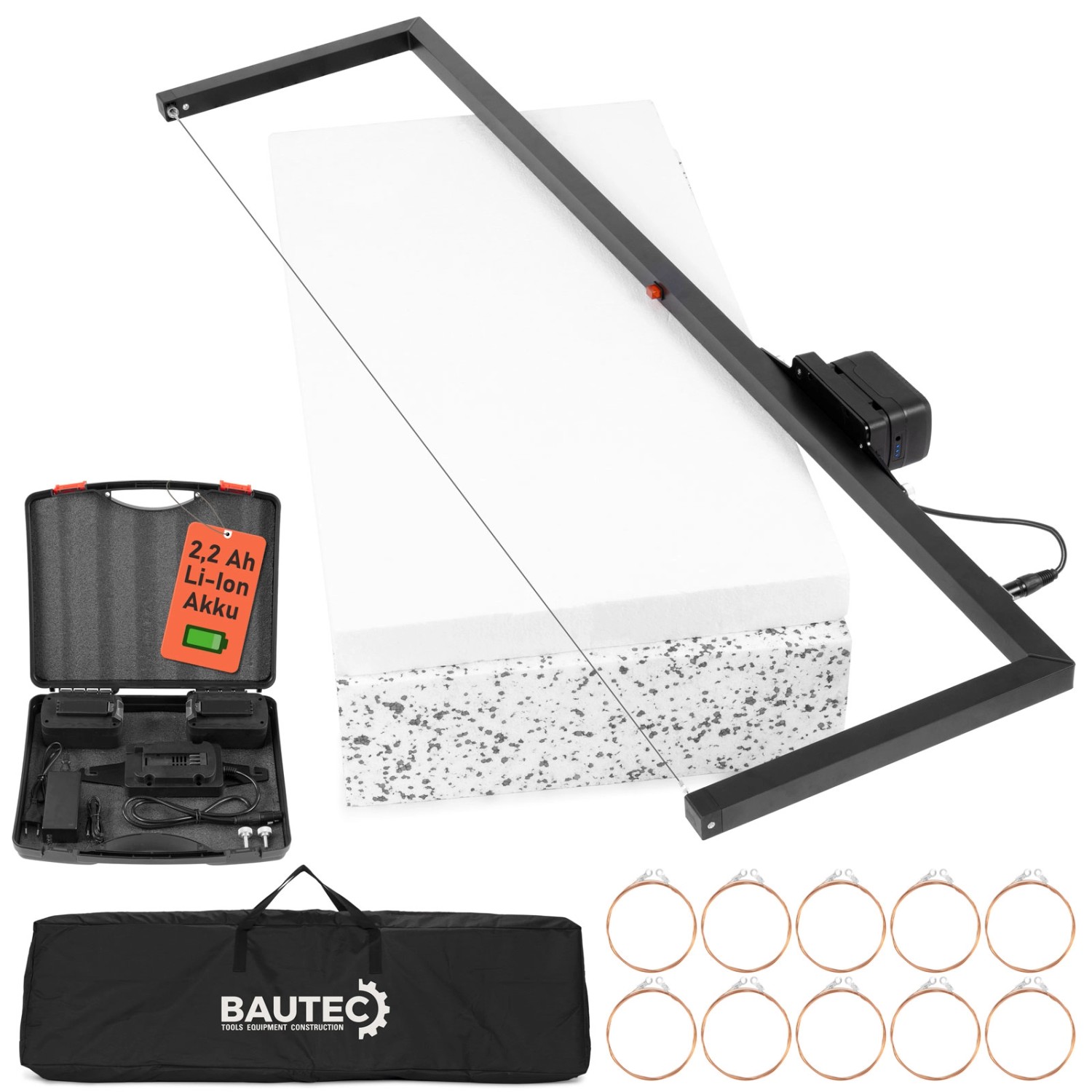 BAUTEC Akku-Styrobow 330mm Handschneidebügel mit 2 Li-Ion Akkus 10 Schneidedrähten und Softbag Heißdrahtschneider