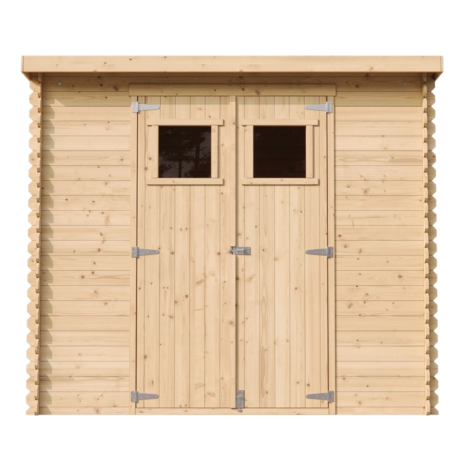 Timbela Holz-Gartenhaus M310+M310G mit Fenstern und Boden, Frontansicht.