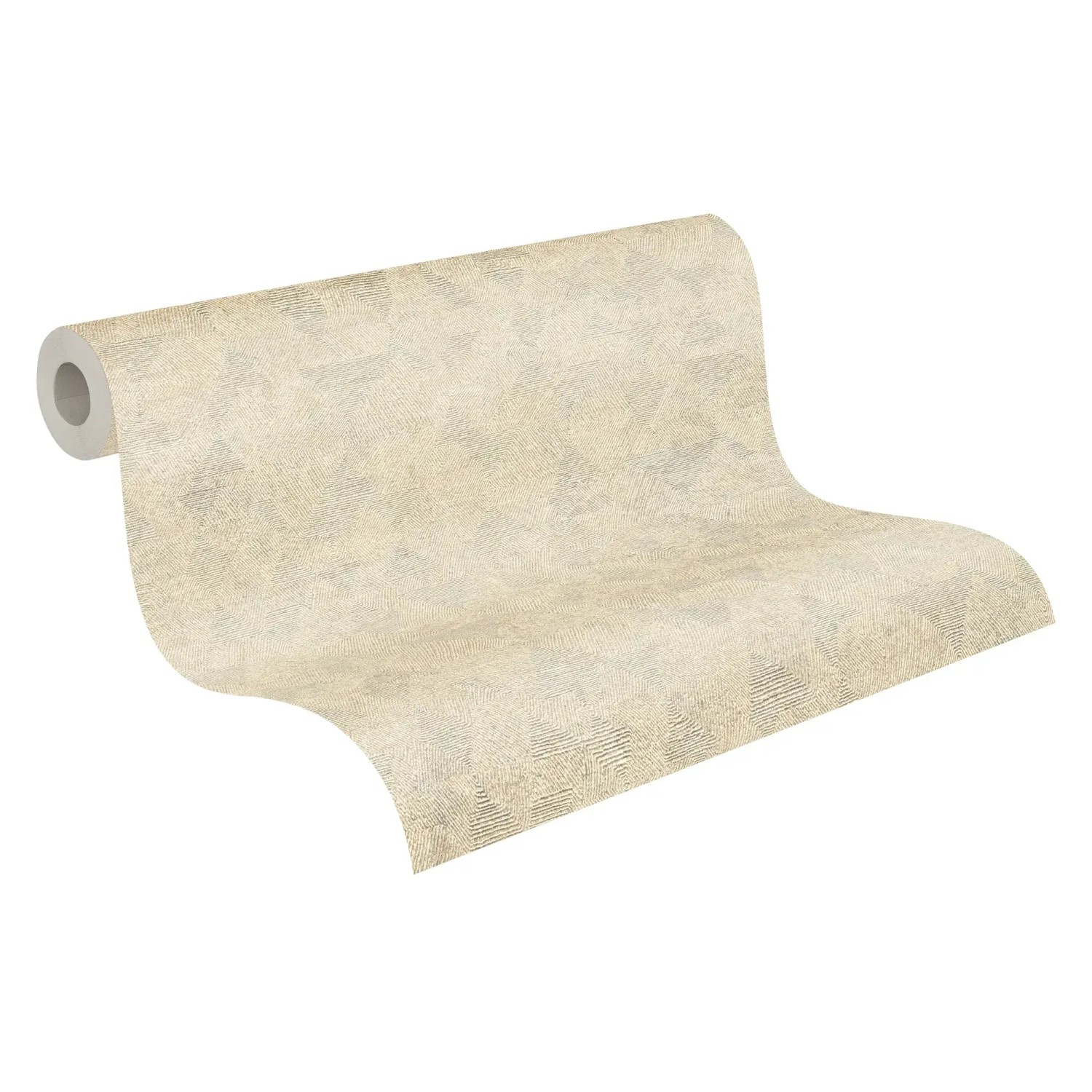 Beige Vliestapete mit geometrischem Muster, leicht glänzend und strukturiert.