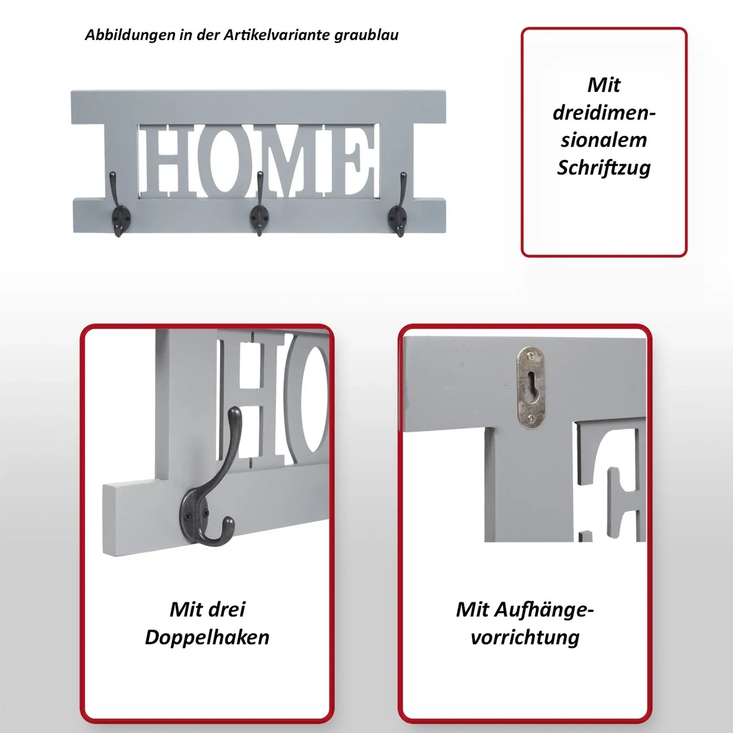 Graue MCW Wandgarderobe im Shabby-Look mit 3 Doppelhaken und Schriftzug HOME.