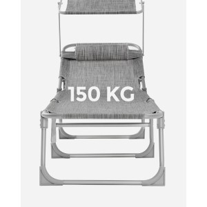 Graue Songmics Sonnenliege mit Kopfkissen und verstellbarer Sonnenblende, belastbar bis 150 kg.