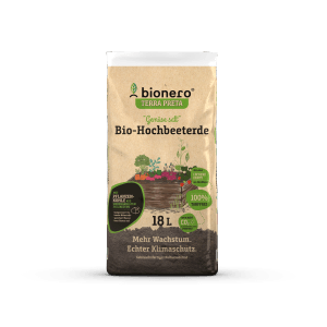 Sack Bionero Bio-Hochbeeterde 18 l, torffreie Erde mit Pflanzenkohle für Hochbeete.