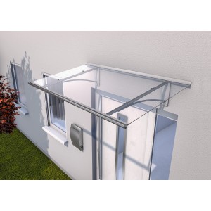 Modernes Gutta Pultvordach PT/GR 160 in Edelstahloptik mit Acrylglas und Regenrinne.