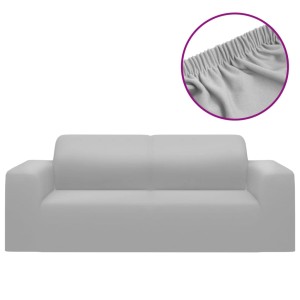 Graue Stretch Sofahusse für 2-Sitzer Sofa aus Polyester-Jersey, Detailaufnahme des Gummizugs.