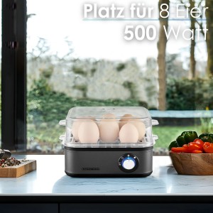 Steinborg Eierkocher SB-2630 für 8 Eier, 500 Watt, mit transparentem Deckel und Drehknopf.