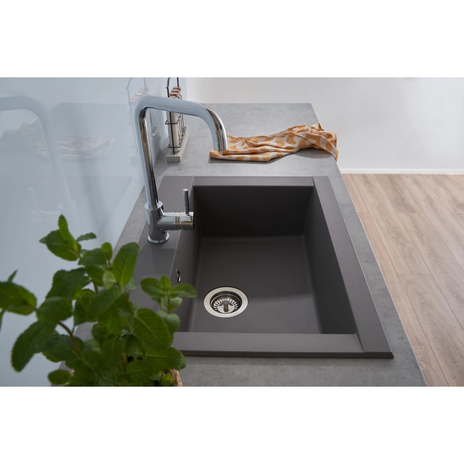 Respekta Einbauspüle Mineralite Ohio, 66x50 cm, Betongrau. Granitspüle mit Becken und Ab-Überlaufgarnitur.