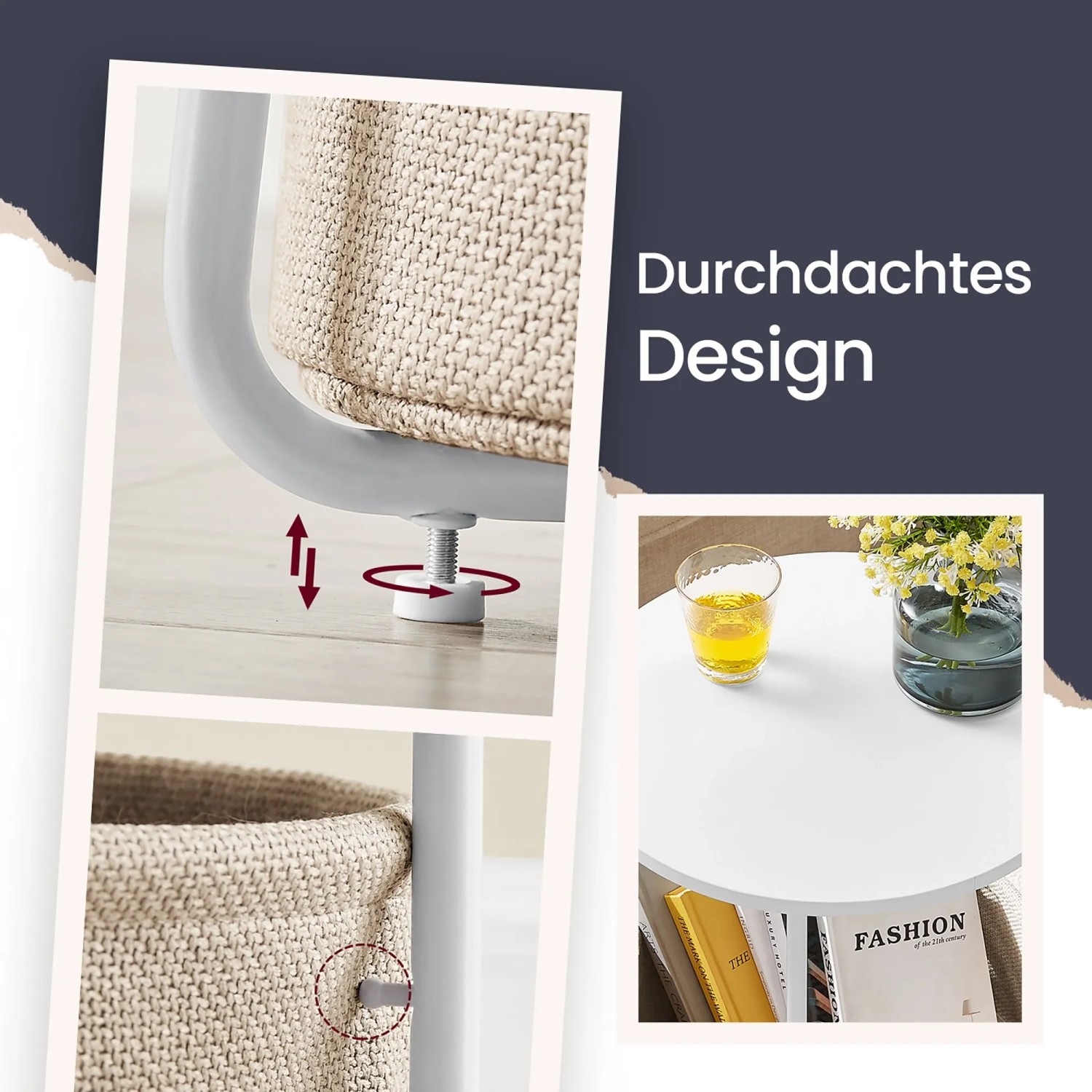 Songmics Beistelltisch Lilea, runder Couchtisch in Weiß-Beige mit Stoffkorb und verstellbaren Füßen.