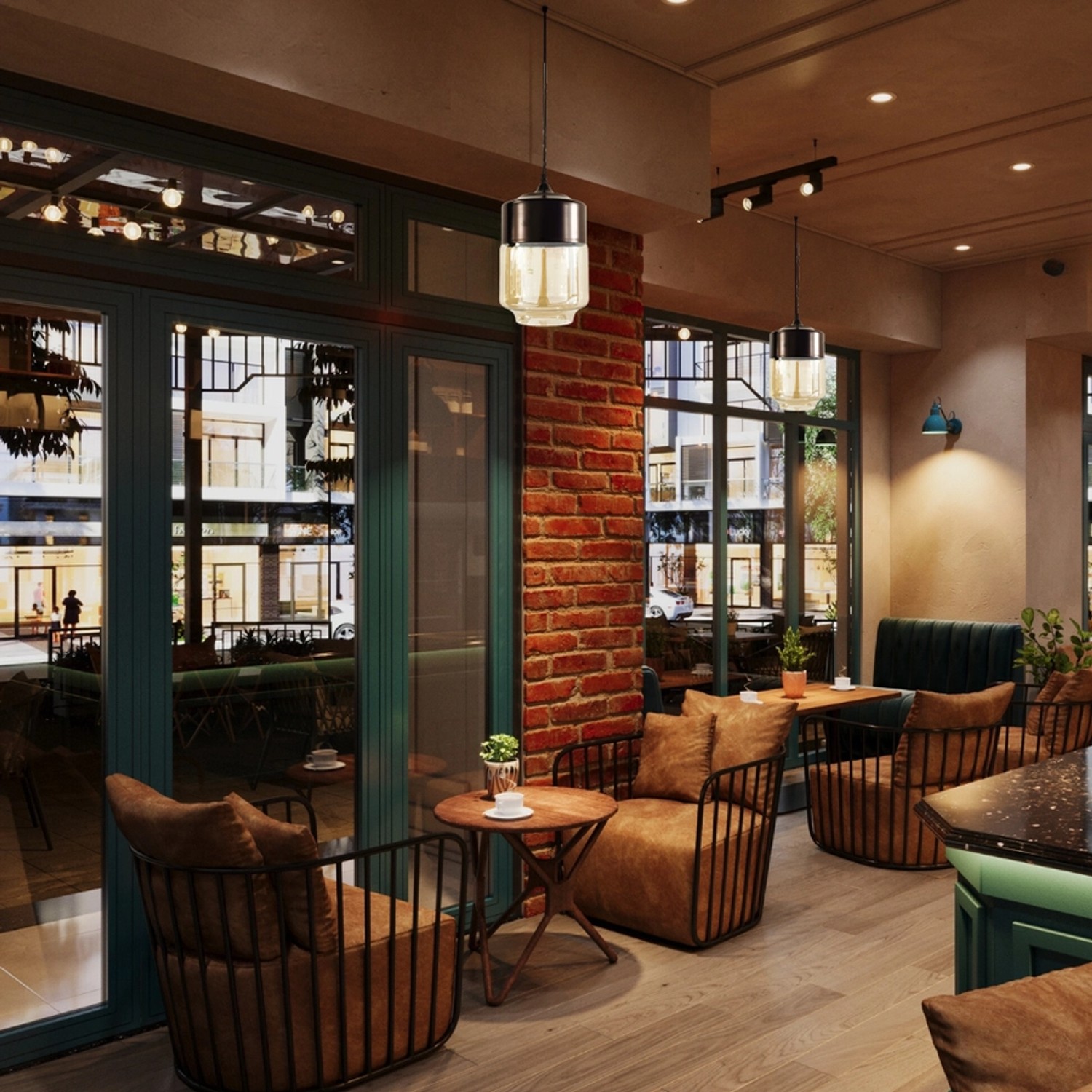 Moderne LUXULA Pendelleuchte aus Glas und Metall, schwarz, im Café.