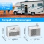 BE COOL 3in1 Caravan Split-Klimagerät mit Maßangaben vor Wohnmobil. Mobile Klimaanlage für Camping.