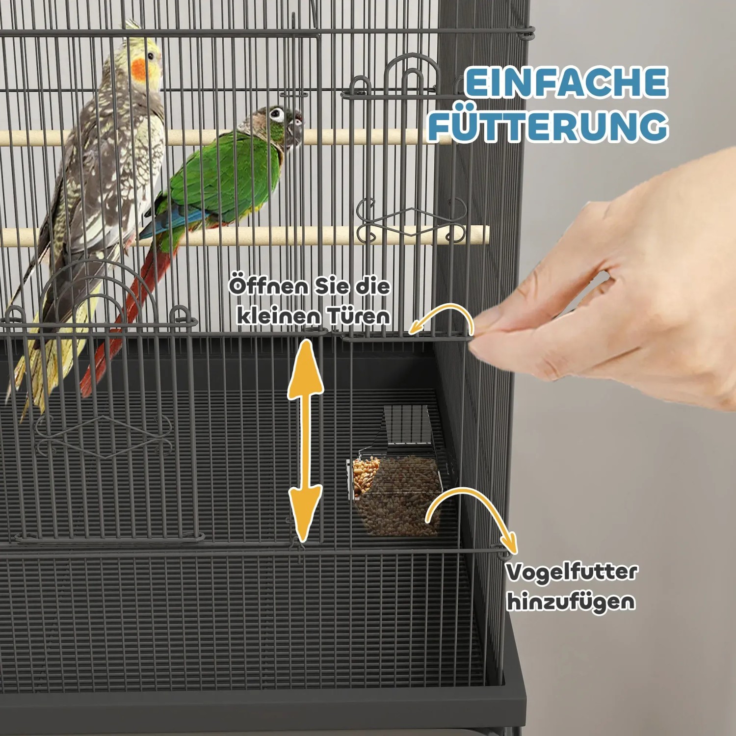 PawHut Vogelkäfig aus Stahl mit Vögeln und einfacher Fütterung.