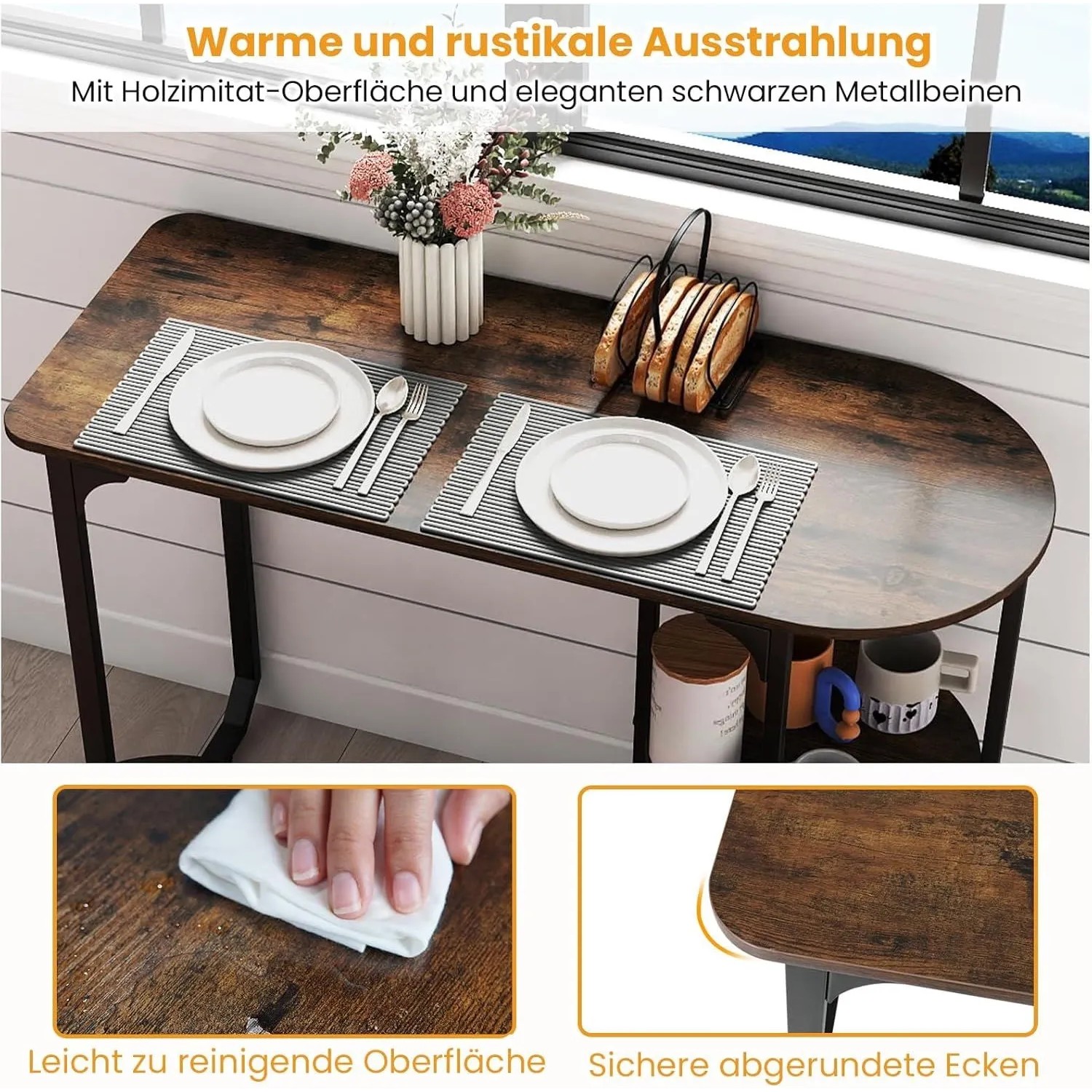 Costway Essgruppe: Rustikaler Esstisch mit Holzoptik, schwarzen Metallbeinen, zwei Gedecken und integrierten Ablagen.