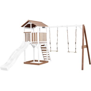Axi Beach Tower Spielturm mit Doppelschaukel, Rutsche, Holz, braun-weiß.